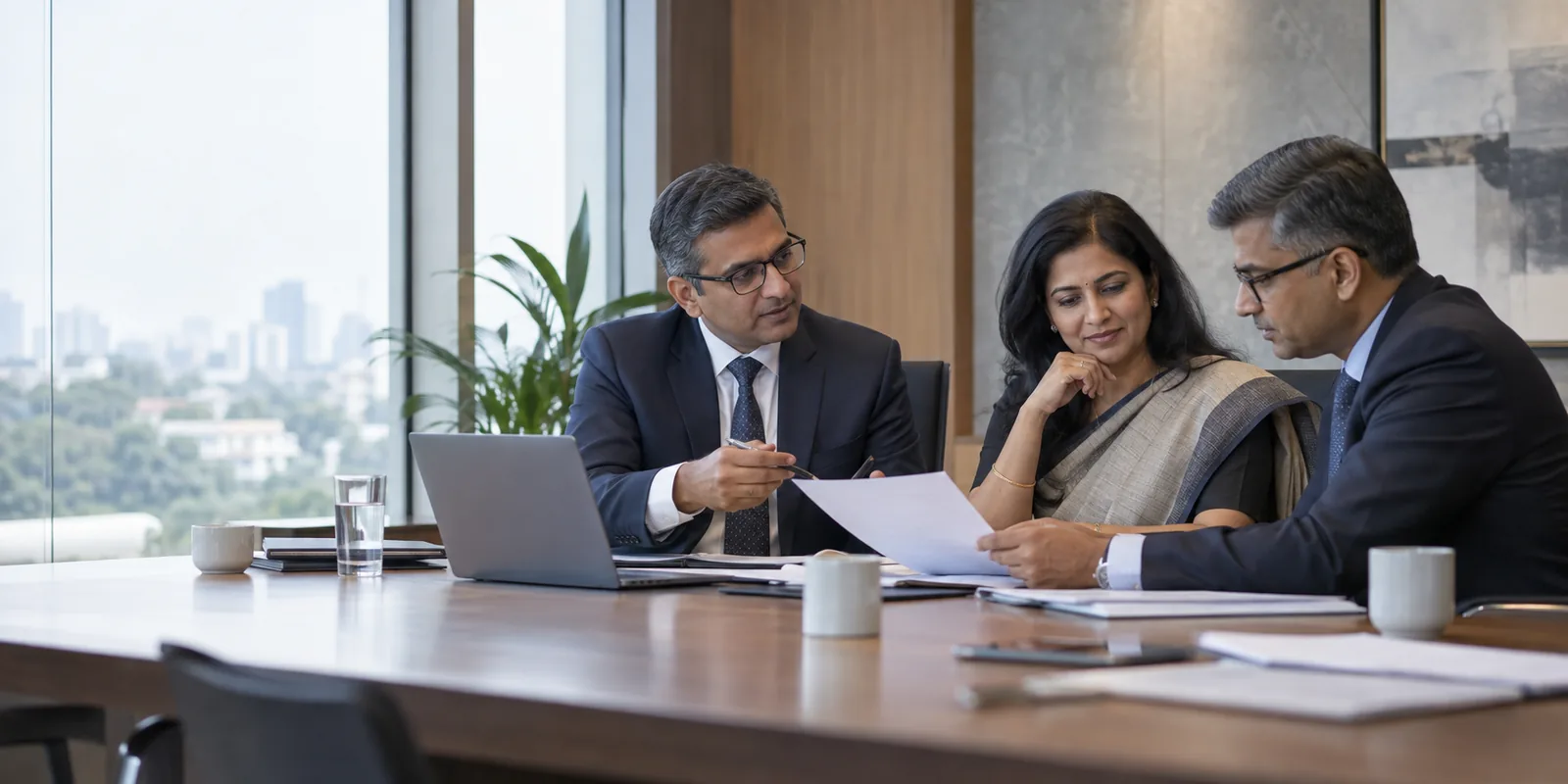 Indian professional services leaders reviewing a business report in a Bengaluru boardroom