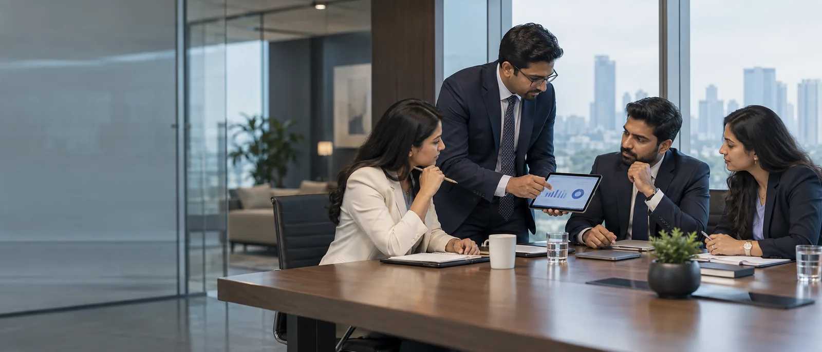 Indian finance and compliance advisers discussing a client strategy in a modern office