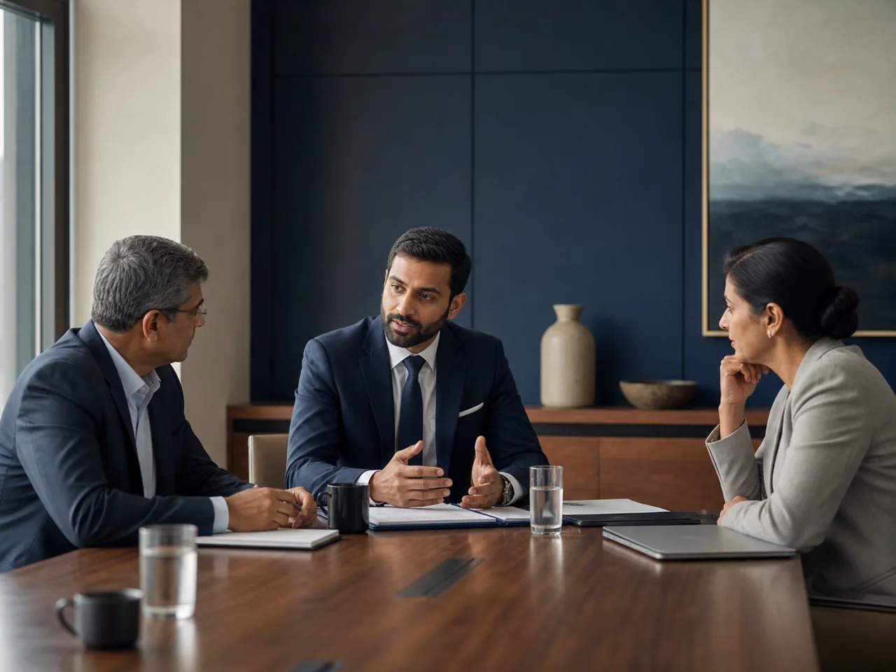 Indian Chartered Accountant leading a structured financial review with business executives